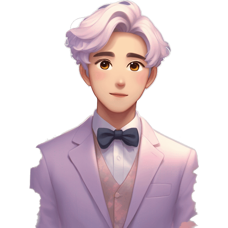 Gorgeous romantic anime style Asian formal modern gentlemanly guy with flowers and blushing face aesthetic trending style outside with colorful gradient colors  pastelcore cottagecore kawaiicore emoji