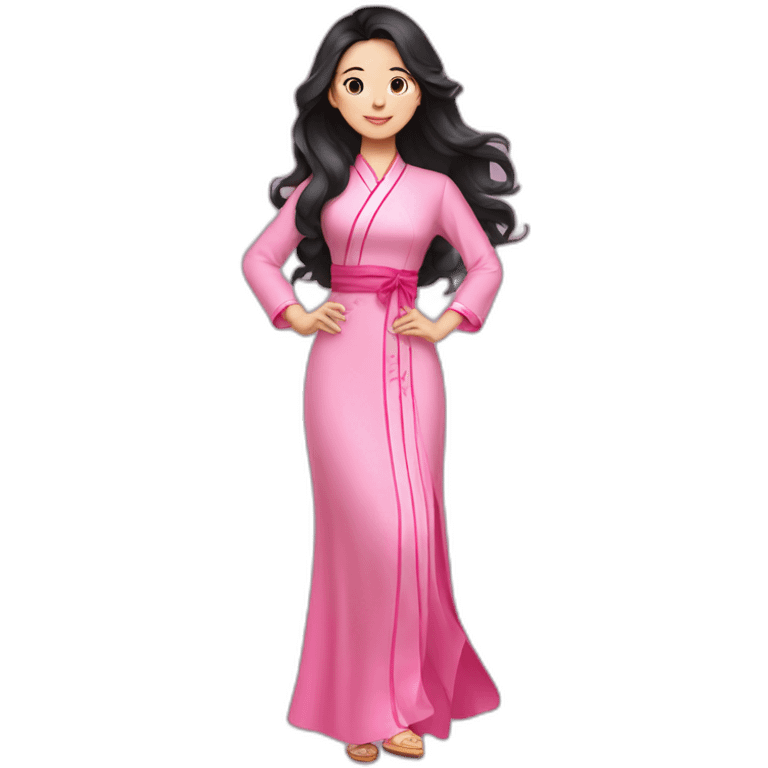 attractive Vietnamese girl with wavy black hair posing with pink ao dai full body emoji