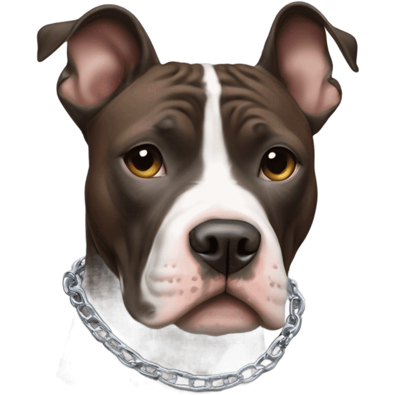 American pitbull terrier with a brindle (black and brown blend)  coat and white down middle of his face and chest. He has a silver chain link collar emoji