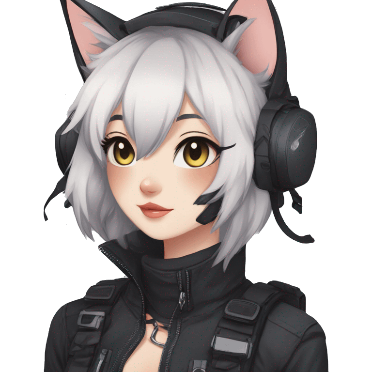 Gorgeous dark techwear anime style anthro cat with blushing face aesthetic and pretty edgy black with collar and harness trending style emoji