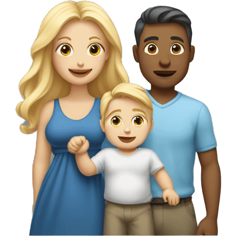 An emoji of a mother with long, flowing blonde hair standing confidently, next to her husband. In her arms, or in front of them, is a baby boy, representing a happy and loving family emoji