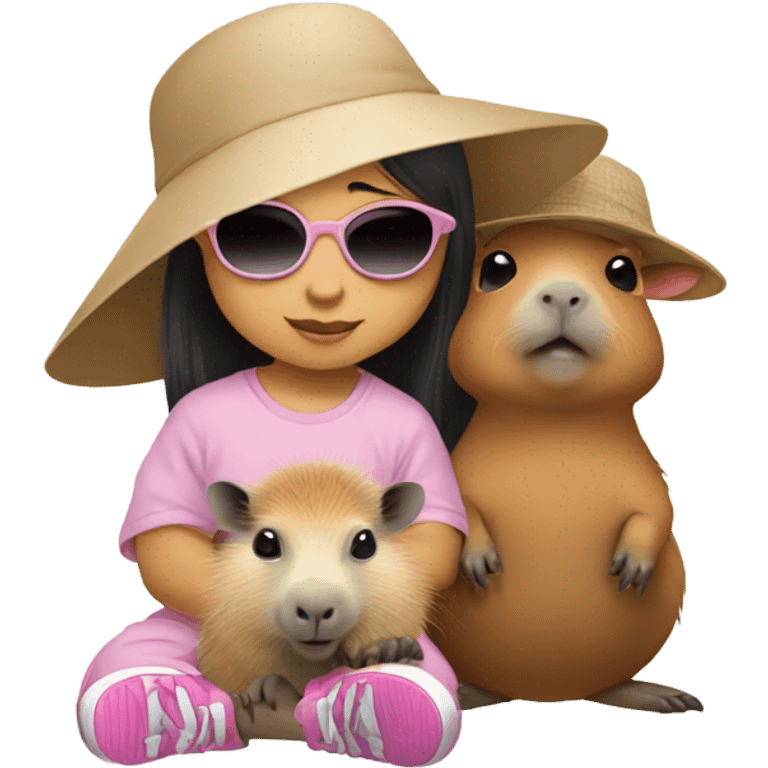 Asian baby girl with hat and sunglasses with capybara  emoji