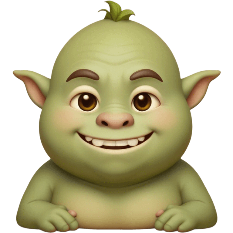 Cinematic Cute Ogre Portrait Emoji, with a surprisingly endearing, plump and huggable figure in soft earthy greens and browns, featuring big, kind eyes and a bashful smile, simplified yet irresistibly adorable, highly detailed with a soft glowing outline that captures the charm of a friendly giant who seems ready for a warm hug! emoji