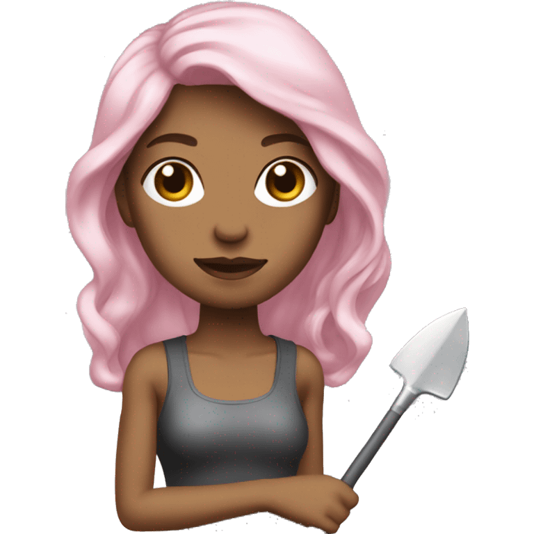 Woman holding Metall shovel skin light pink hair long brown wavy emoji