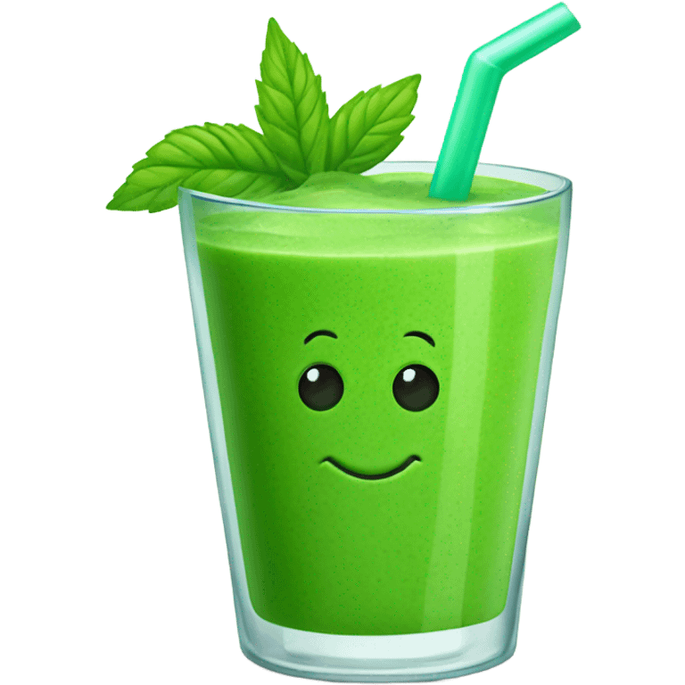 Generate a bright green smoothie emoji in a glass cup with a straw, decorated with a mint leaf and a smile. emoji