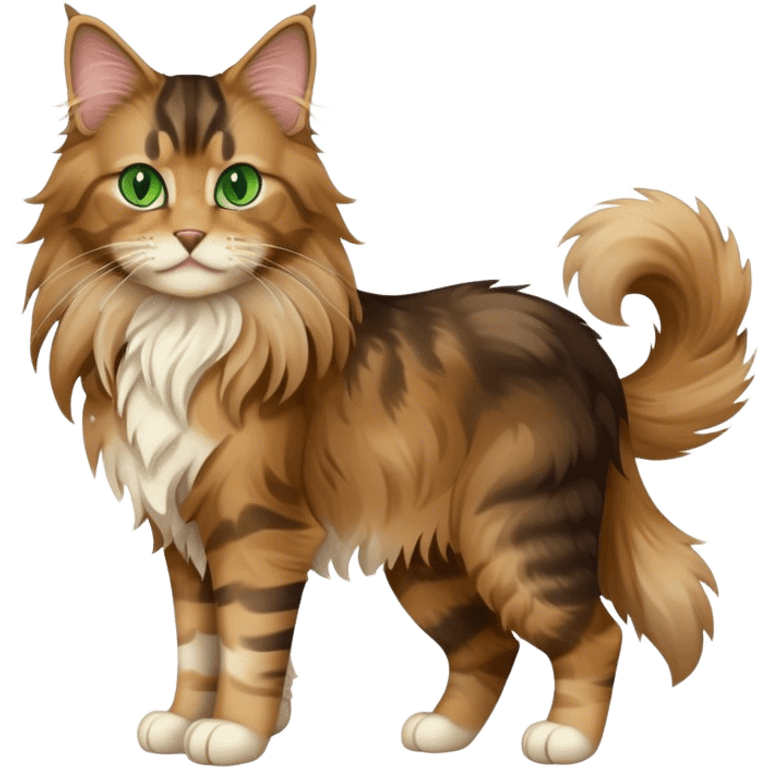 A light brown and black long haired Maine coon cat with green eyes with a chibi full body emoji