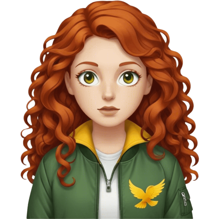 white female with long curly red brown hair with white pieces in the front framing the face, thinner eyes with a small wing eyeliner, wearing a dark green bomber jacket with a yellow long sleeve underneath  emoji