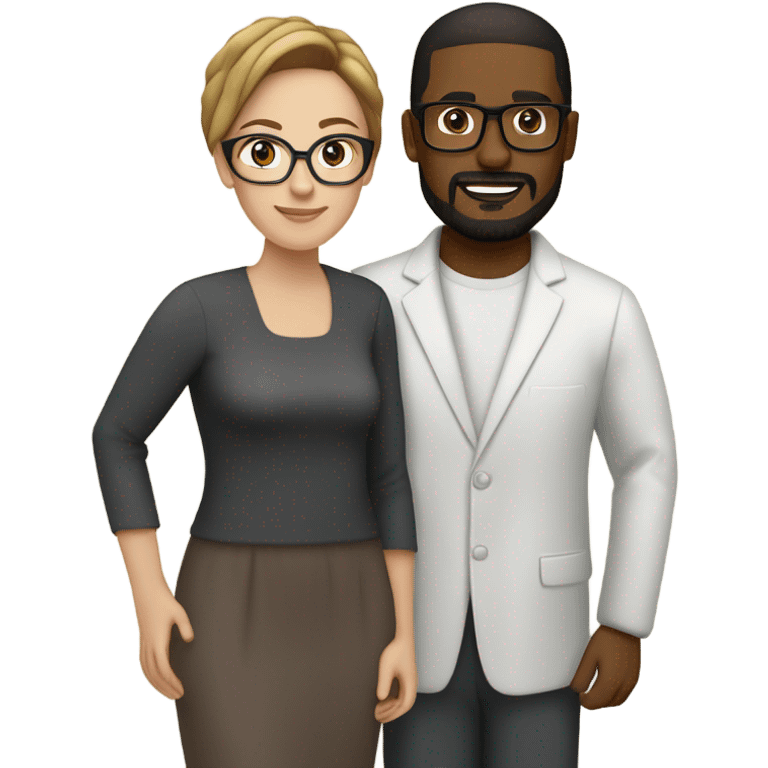 Mixed race couple, white wife with dark brown hair and glasses and honey-brown eyes, black husband with goat tee and glasses emoji