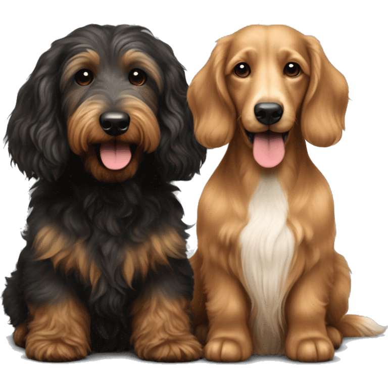 Brown golden doodle and black and tan and cream longhair dachshund sitting together  emoji