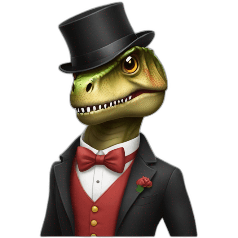 un t-rex   avec un costume de gentleman et qui rougie emoji