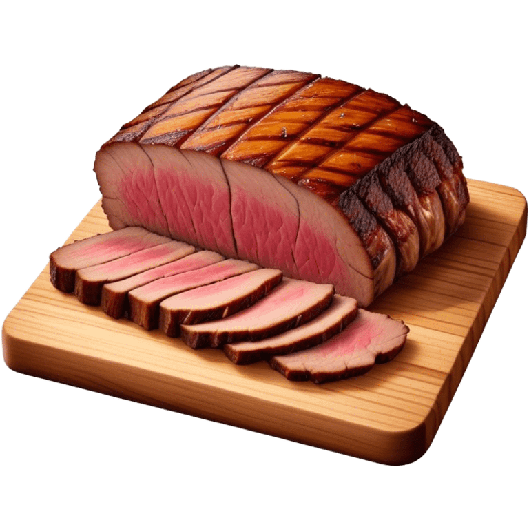 Cinematic smoked brisket, deep mahogany crust, perfectly sliced to reveal juicy marbled meat, warm smoky aroma, served on a wooden board, rich and flavorful, ultra-detailed and appetizing. emoji