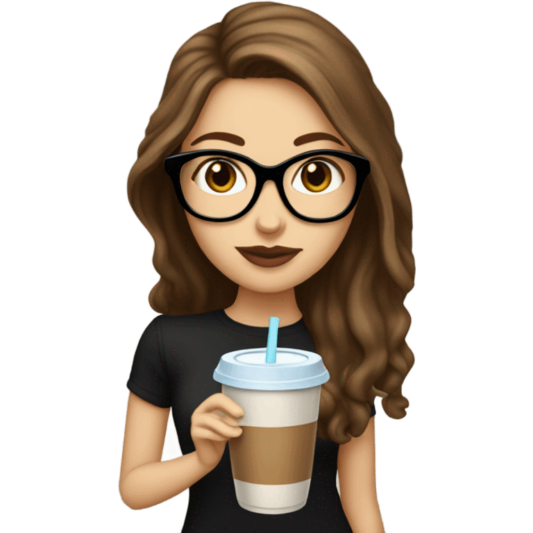 White girl with long brown hair and black glasses and big lips with iced coffee emoji