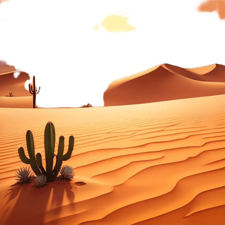 Cinematic Realistic Desert Emoji, Expansive and arid, with vast stretches of golden sand dunes and scattered cacti, the sun casting a warm, almost orange glow over the dry, cracked earth. The horizon blurs into a heat shimmer, while the occasional desert flower adds a splash of color to the barren landscape. Soft glowing outline, capturing the essence of the harsh yet stunning beauty of the desert, calm and quiet, filled with silence and mystery. emoji