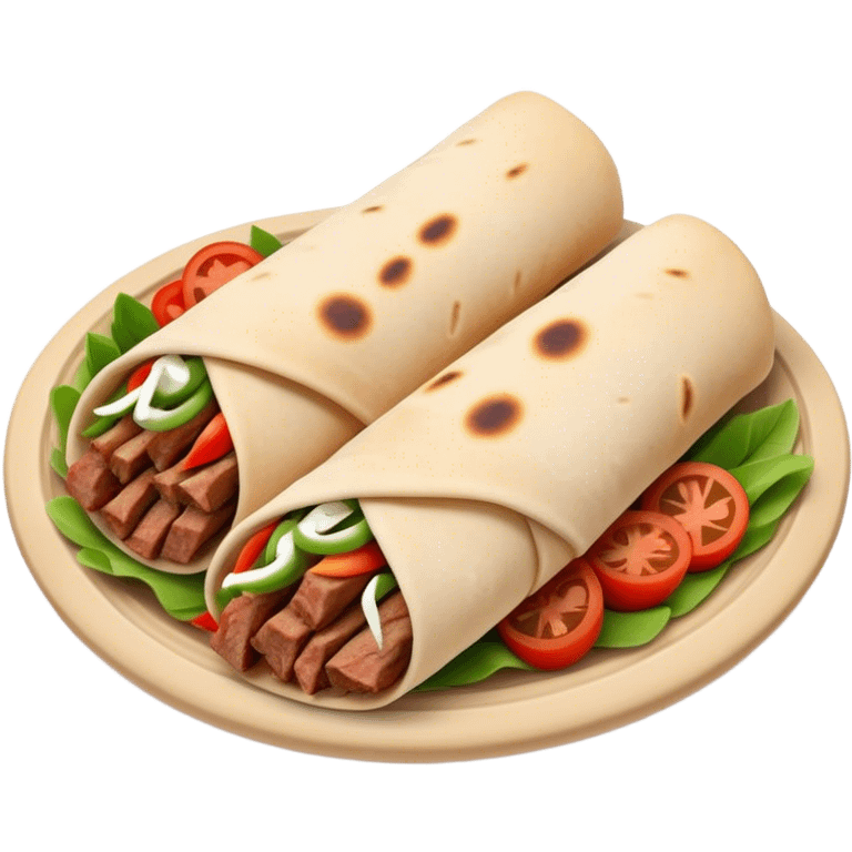 Cinematic Realistic Gyros Dish Emoji, showcasing succulent, spiced meat wrapped in pita with fresh vegetables rendered with lifelike detail and dynamic, appetizing lighting. emoji