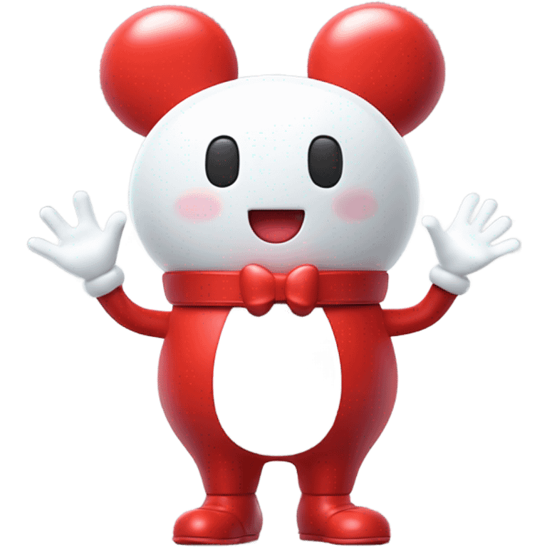 Very shiny full body character with pill capsule head with puffy body and welcoming waving Mickey Mouse arms braun Japanese inspired Anpanman with big boots and antennae red and white colors only emoji