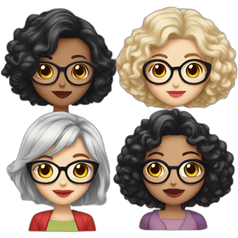 Five girls, one of them silver hair with glasses, one blonde with glasses, one brunette with curly hair, another brunette with long black hair and red lips, one blonde with straight hair emoji