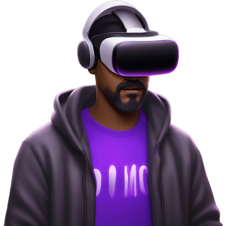 Big Lebowski wearing a black hoodie with "OMG" letters on it and VR headset oculus quest 2 in a cyberpunk VR environment with violet neon lighting. emoji