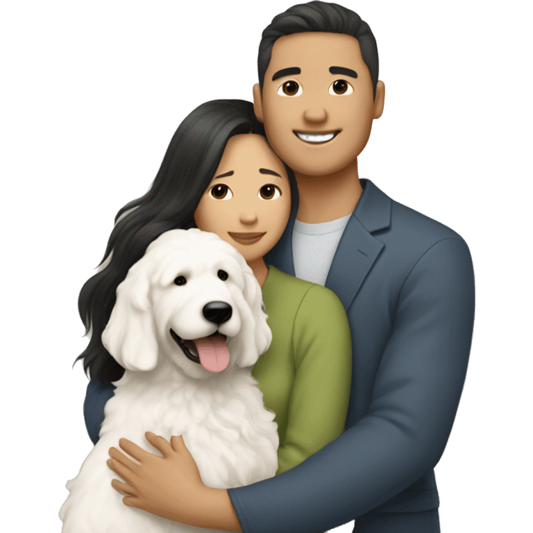 asian couple with straight hair hugging with a big white goldendoodle emoji