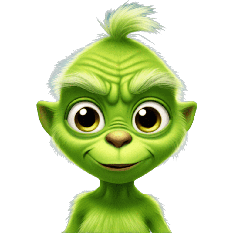 Cute fuzzy animated baby grinch with a smile and big googly eyes emoji