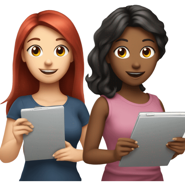 Girl with black hair, brunette girl, and bright red hair girl conducting surveys on clipboards and ipads emoji