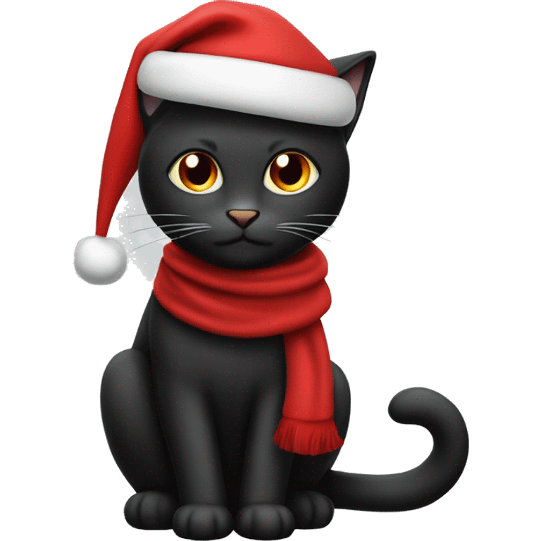 black cat with a red santa hat and a red scarf emoji