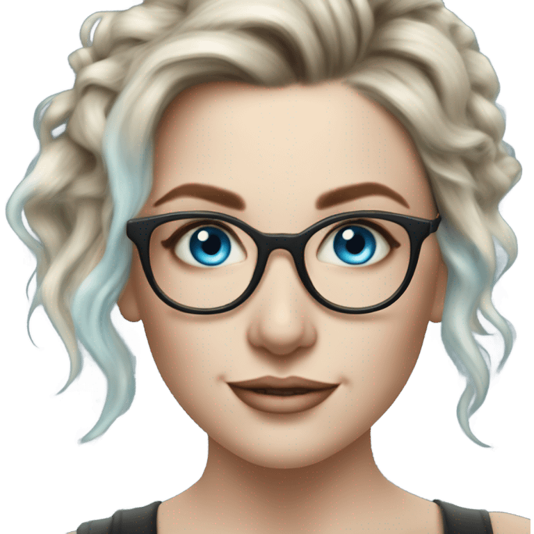 Hyper Realistic Balayage pale beautiful tattooed woman with glasses and blue eyes happy  emoji