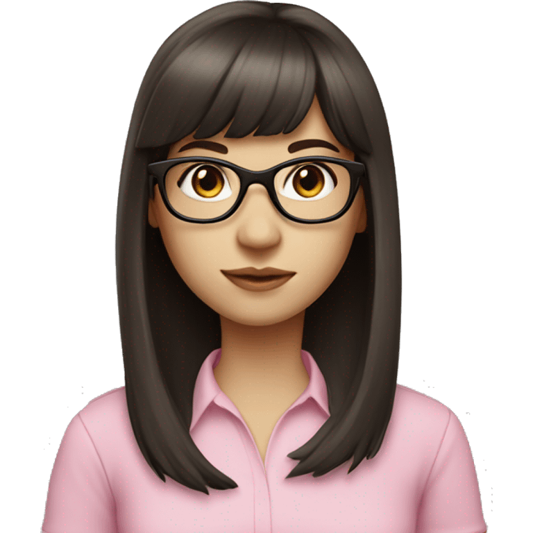 Girl with long dark brown hair and bangs and black glasses pale skin pink shirt emoji