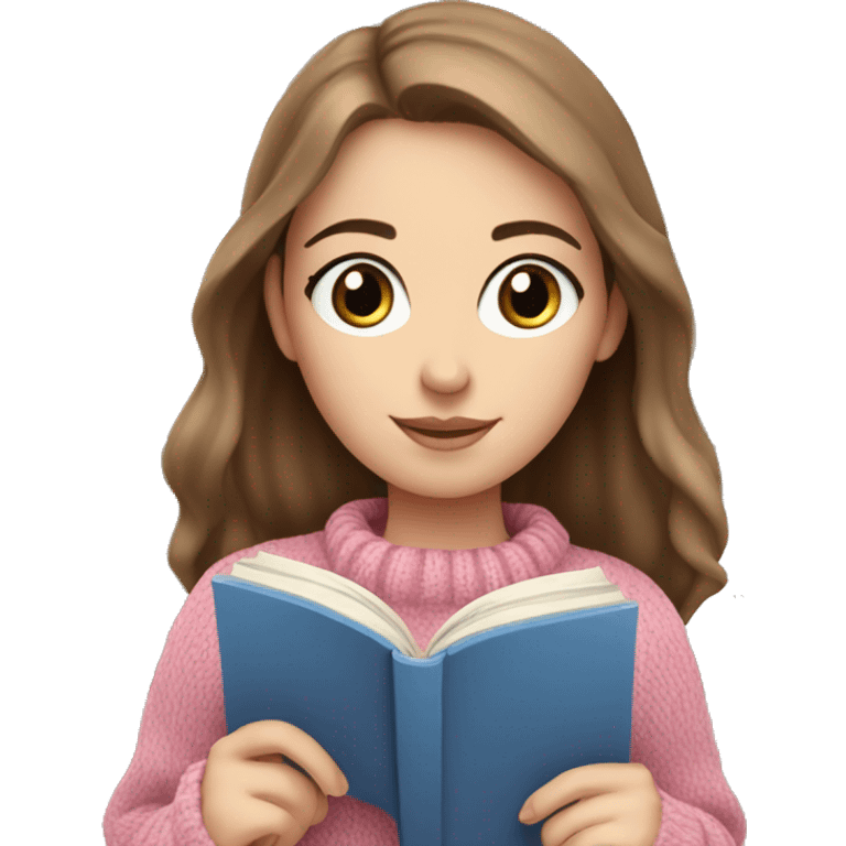 Pretty white girl with blue eyes and brown hair in pink cozy sweater reading book emoji