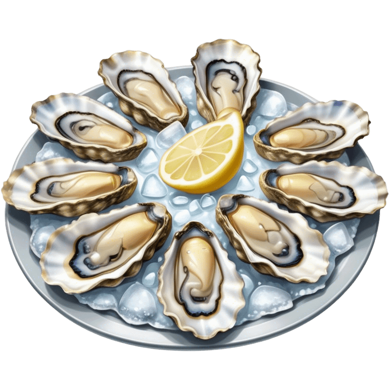 Cinematic fresh oysters on the half-shell, glistening with seawater, served with lemon wedges and ice, soft glowing highlights, elegant and luxurious. emoji