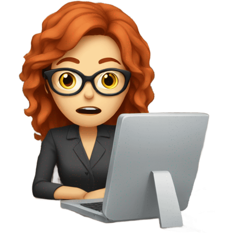 red hair woman wearing glasses frustrated desk monitor stack paper emoji