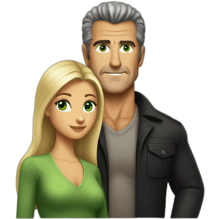 Mel gibson with a blond straight square cut woman with green eyes emoji