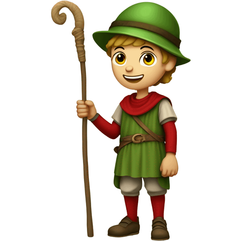 13th century European pilgrim boy with staff, red stockings, short green tunic and green hat saying ok! emoji