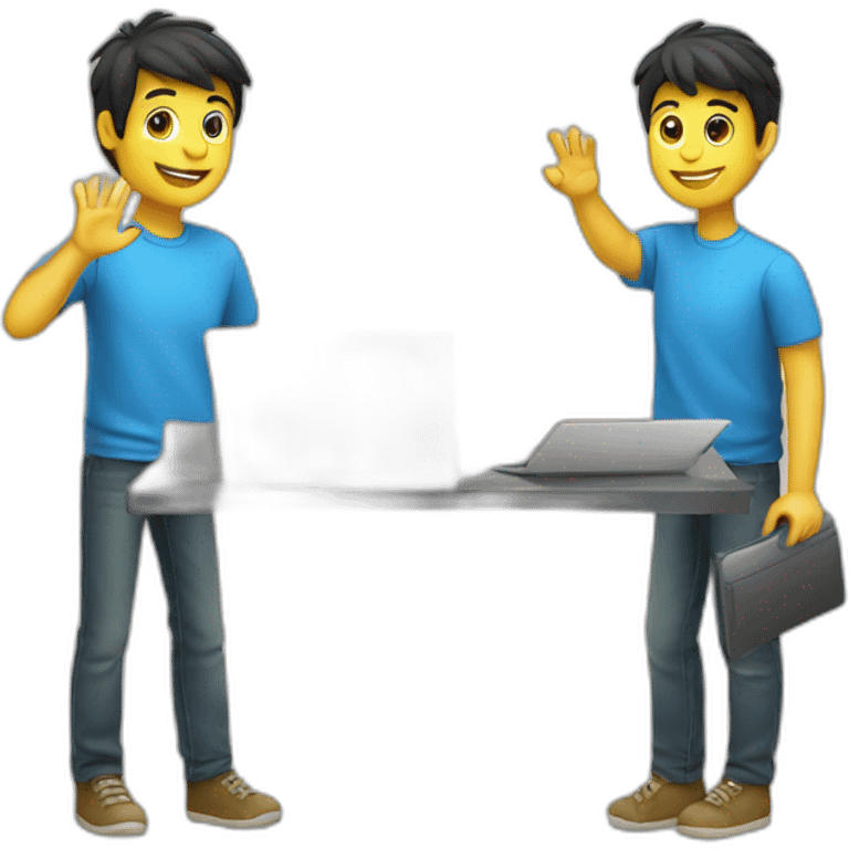 coder boy taking laptop and waving hi emoji