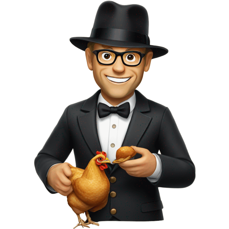 Alton brown wearing black bowler hat eating a roasted chicken emoji