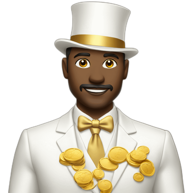 Posh-man-with-white-suit-holding-golden-coins emoji