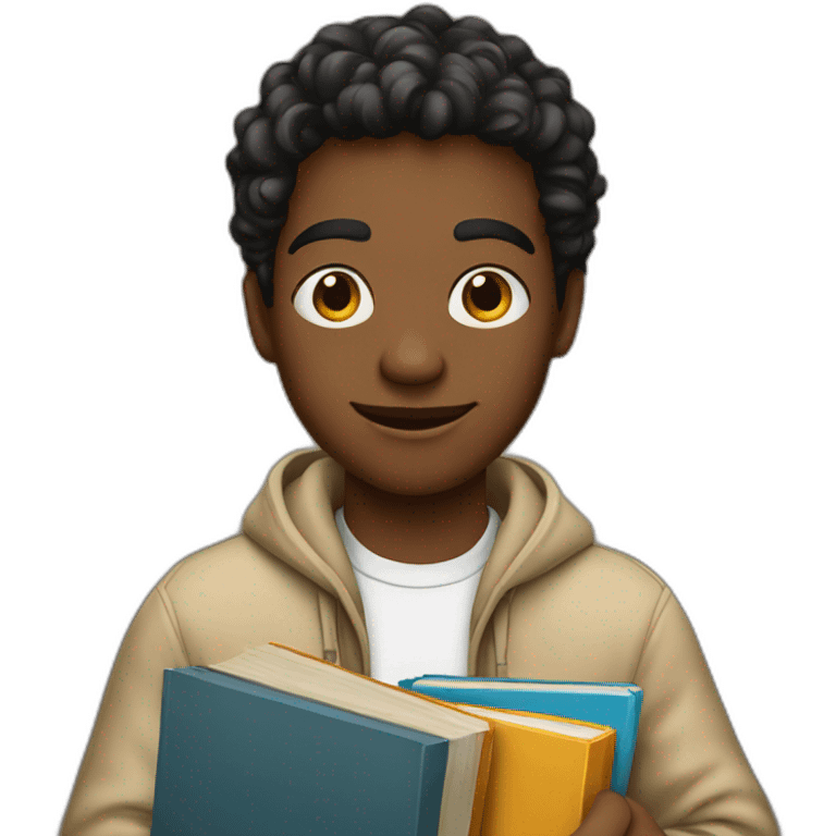 Young man with books in hand offering emoji