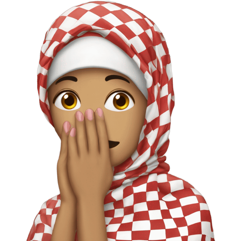 Woman wearing red and white checkered kuffiyeh hand covering mouth emoji