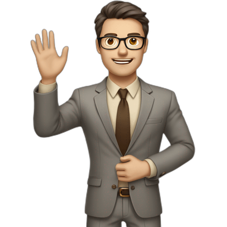 To belt Actively gesturing with hands Pale skinned fit man with dark brown hair in gray jacket, beige office shirt, brown tie, brown pants and vintage glasses. emoji