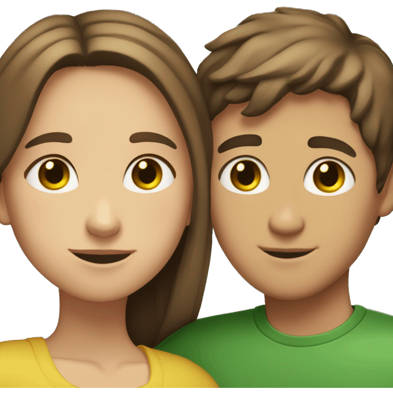 Brown haired girl with a Little bit of blond highlights with Green/yellow eyes Hugging a short Brown/black haired Guy with Brown eyes emoji