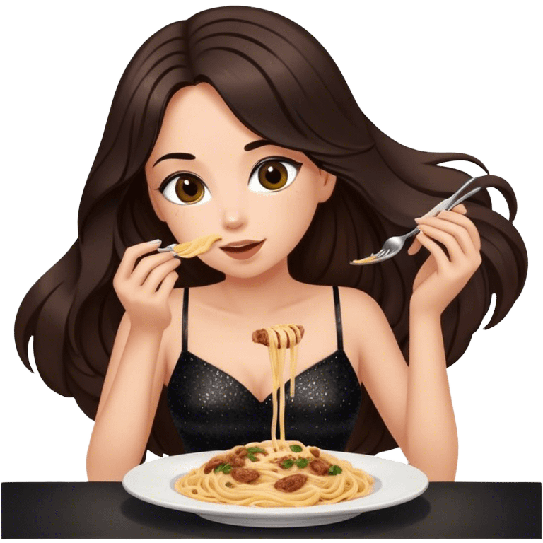 Beautiful woman in 1950’s woman fashion look, black shimmery dress, long dark brown hair, Carbonara emoji