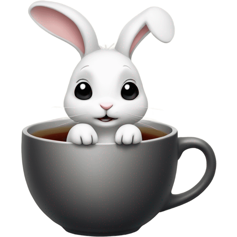 a cute white rabbit sitting and holding a ceramic cup with black tea in its paws, from which steam comes out emoji