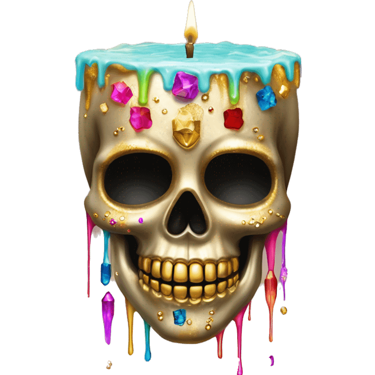 Realistic sugar skull decorated with colorful rhinestones with metallic gold candle on top of its head dripping down melted metallic gold wax down the skull emoji