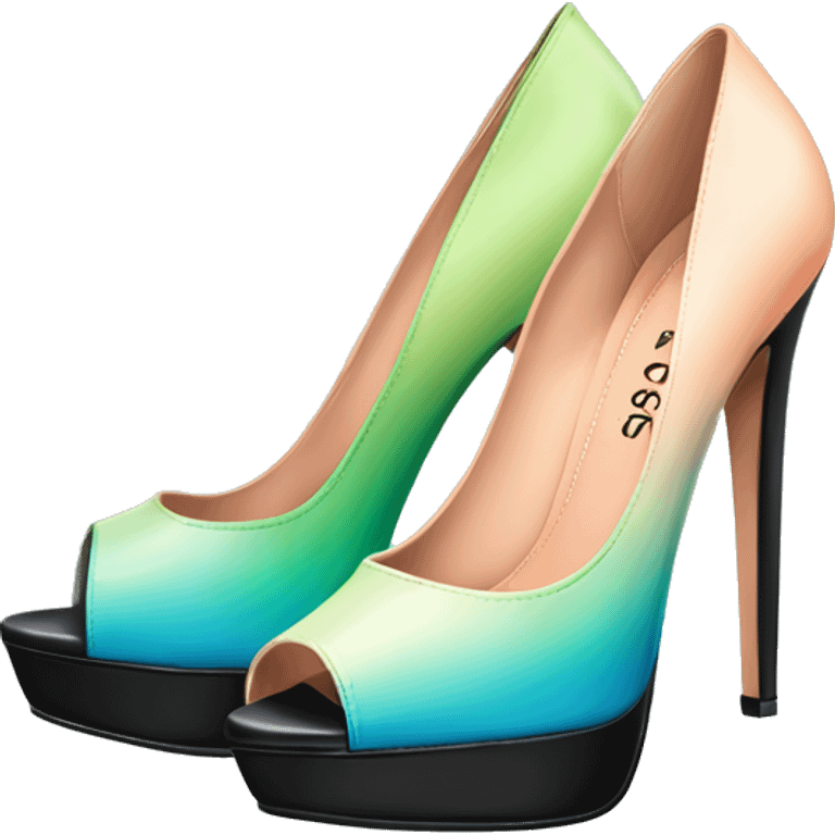 Hyper Realistic isolated top front view of a pair of black,peach,pastel green,pastel blue ombre Guess Jeans brand stiletto high heel shoes. emoji