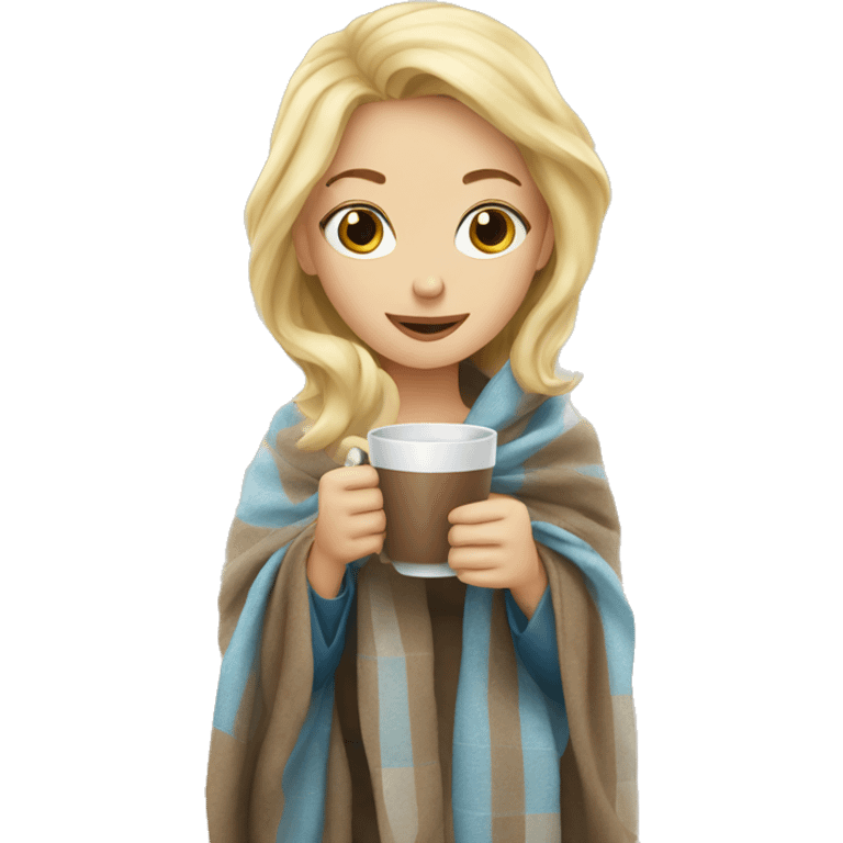 Blonde girl in blanket drinking coffee  emoji