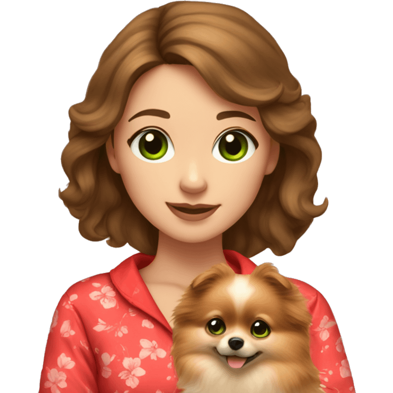 light-skinned-girl-with-brown-hair-and-green-eyes-in-red-pajamas-petting-pomeranian emoji