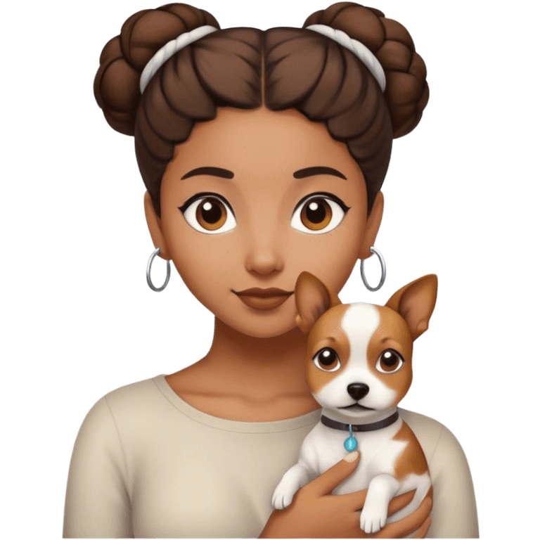 sort, 30 year old, brown girl, back Bun (one) hairstyle, with a bug white brown dog emoji