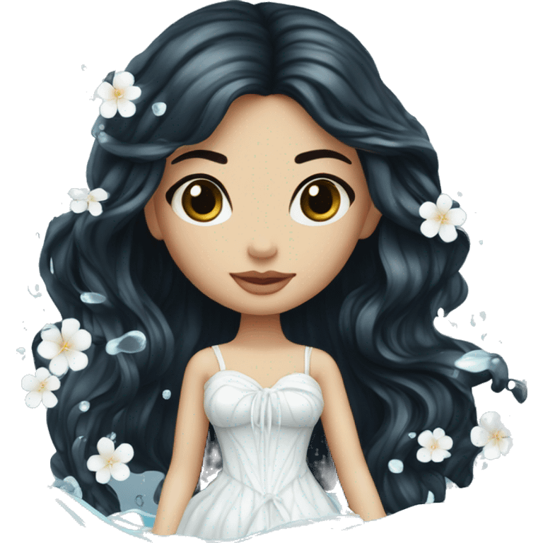 Pretty young Lady doll posing posed pose with long black hair flowers in hair white dress surrounded by flowing water water swirls waves emoji