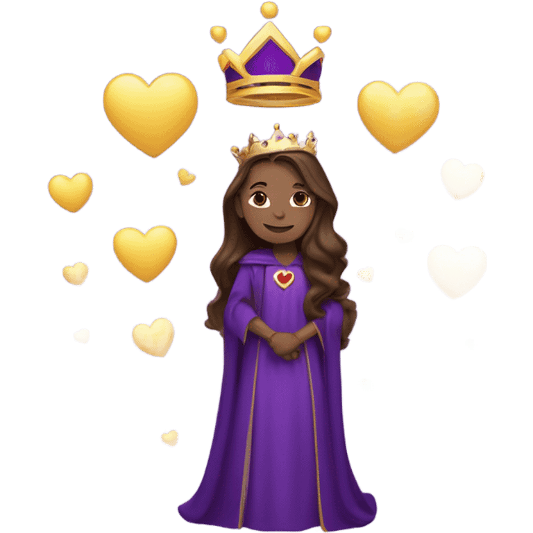 Caucasian long  brunette woman wearing formal royal purple robes and a crown. A burst of hearts are floating around her emoji