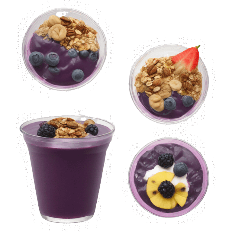 Açaí in a clear cup with layers of fruits and granola and condensed milk emoji