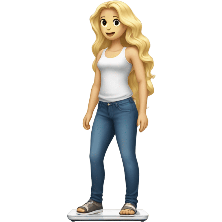 White woman, long hair, blonde hair, wavy hair, on scale, weight loss emoji